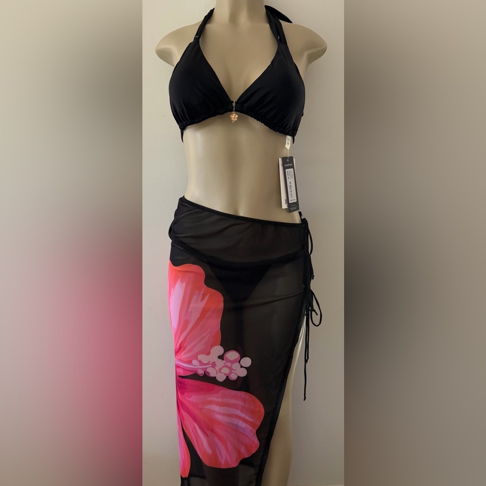 3 piece bebe Black Bikini Set with Pink Floral Sarong
